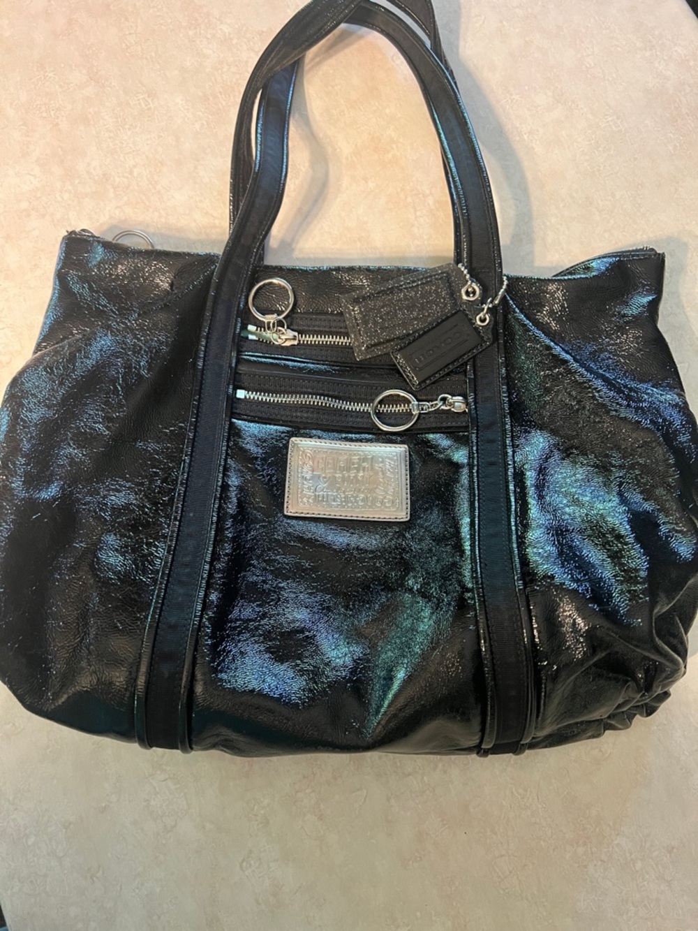 Coach Black Patent Leather Tote with Silver Hardware